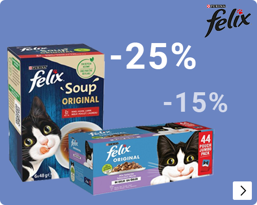 Felix soup en pouch kleinverpakkingen 25% korting felix grootverpakkingen 15% korting