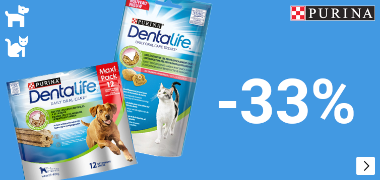 Dentalife  honden- en kattensnacks 33% korting DOG CAT