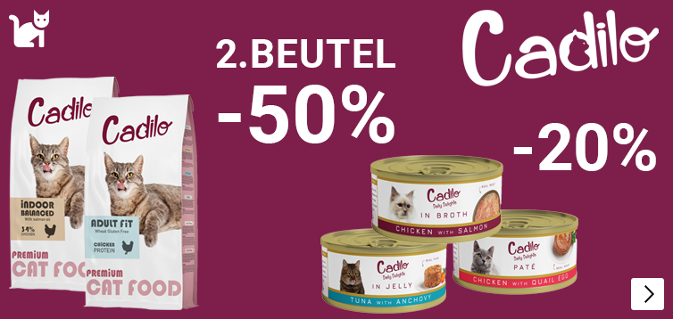 CADILO droogvoer 2e zak -50% en natvoer 20% korting CAT