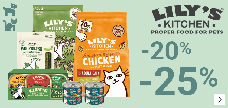Lily's Kitchen hond en kat droogvoer 20% korting, natvoer en hond snacks 25% korting DOG CAT