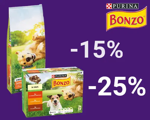 Bonzo hondenvoer droog 15% korting, nat 25% korting DOG
