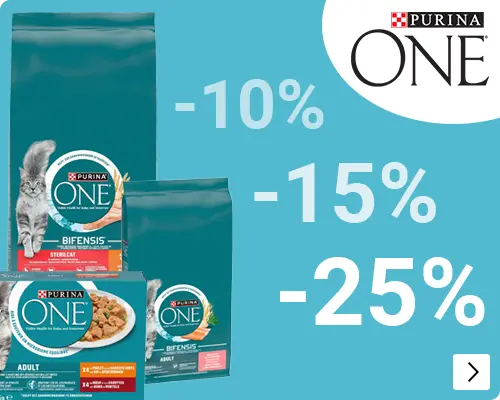Purina One kattenvoer op kvp tot 1500 gr 25%, op 3kg 15% en op 7.5kg 10% korting