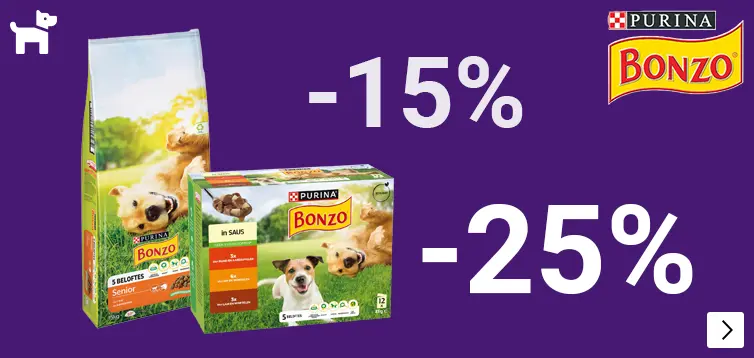 Bonzo hondenvoer droog 15% korting, nat 25% korting DOG