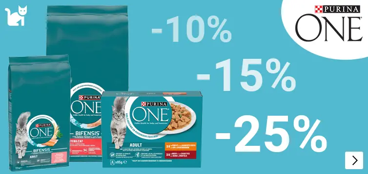 Purina One kattenvoer op kvp tot 1500 gr 25%, op 3kg 15% en op 7.5kg 10% korting