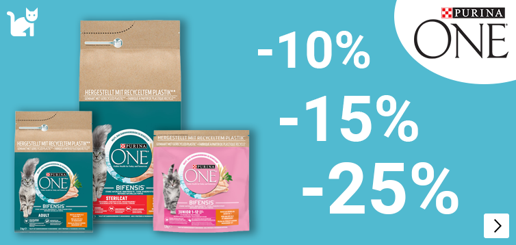 Purina One kattenvoer op kvp tot 1500gr 25% , op 3kg 15% en op 7.5kg 10% korting CAT